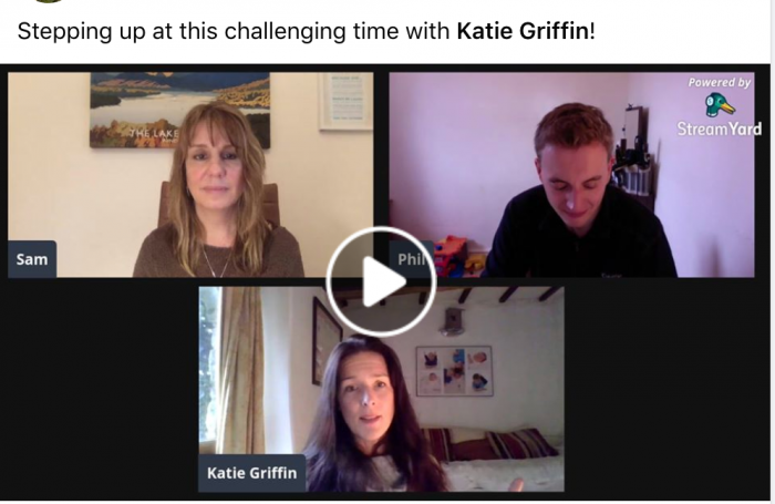 Sam and Phil on a Zoom call with Katie Griffin