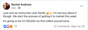 Rachel Andrews Facebook post about winning an instruction over Savills