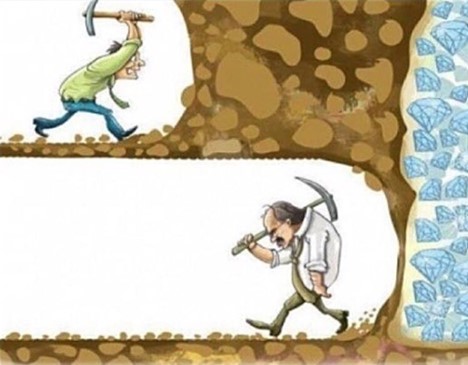 A cartoon illustration of a person who were close to success and gives up and a person who is persistence and never give up